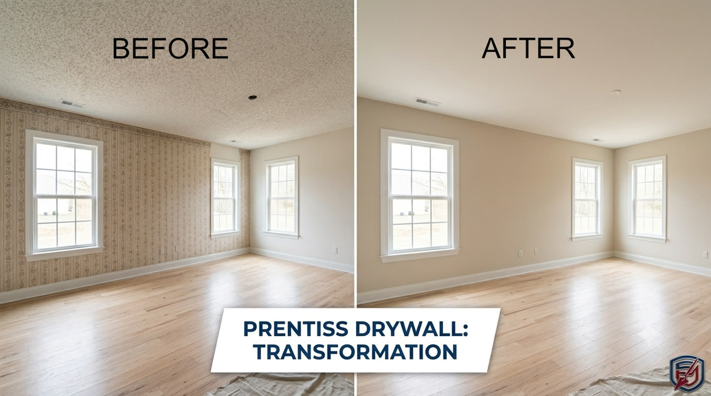 Before and after: a room with dated wallpaper and a textured ceiling, transformed to smooth painted walls and a flat ceiling