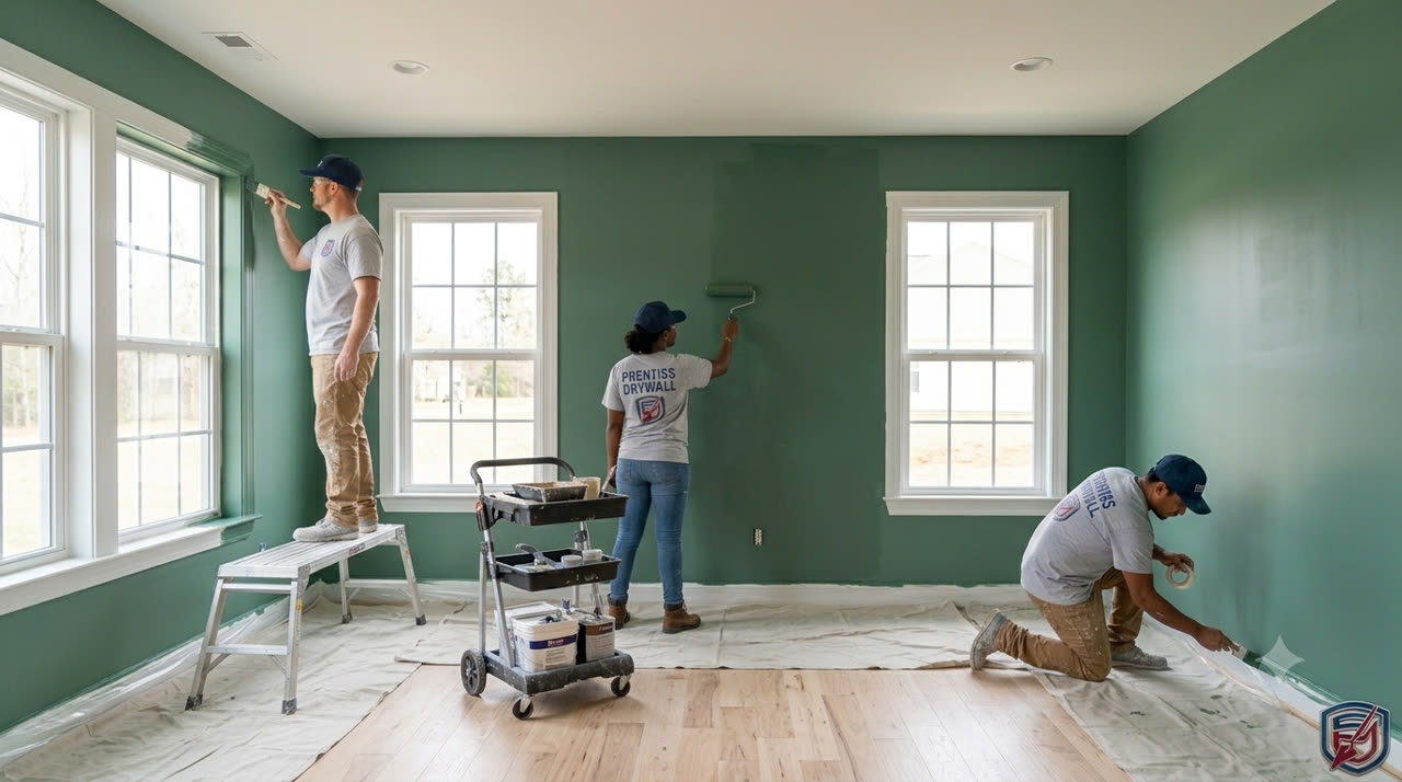 Prentiss Drywall crew painting an interior room